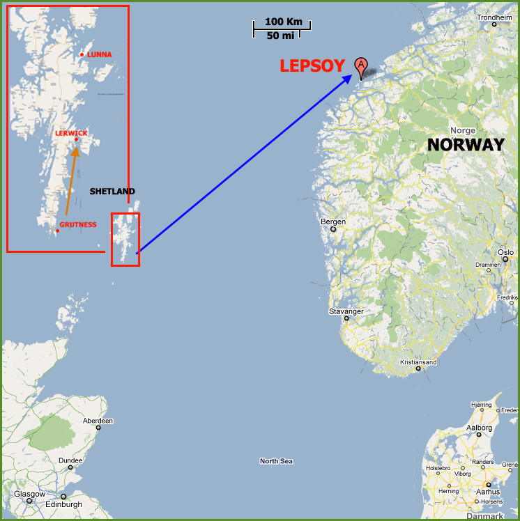 Betty Mouat's Lone Voyage Google map modified by Scotiana 2011 05 18 Shetland_Lepsoy
