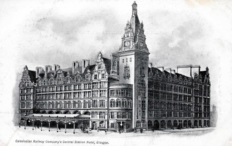 Old postcard featuring the açade of Glasgow Central