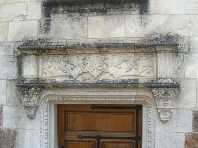France Berry Sologne Château de la Verrerie  Berault Stuart's stone coat of arms above the door of the hexagonale turret