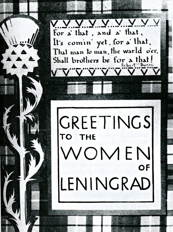 Greetings to the Women of Leningrad illustration  Dear Allies Margaret Henderson Burns &Thistle page Monklands District Libraries 1988 