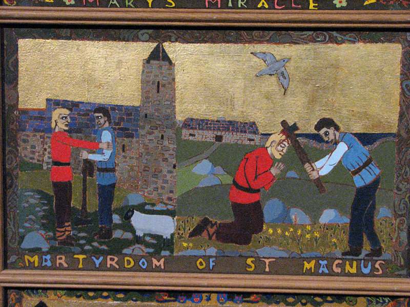 Orkney Kirkwall St Magnus cathedral painted panel 'Martyrdom of St Magnus' © 2012 Scotiana