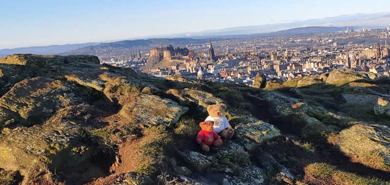 Christmas in Edinburgh our mascots on Arthur's Seat path © 2019 Scotiana